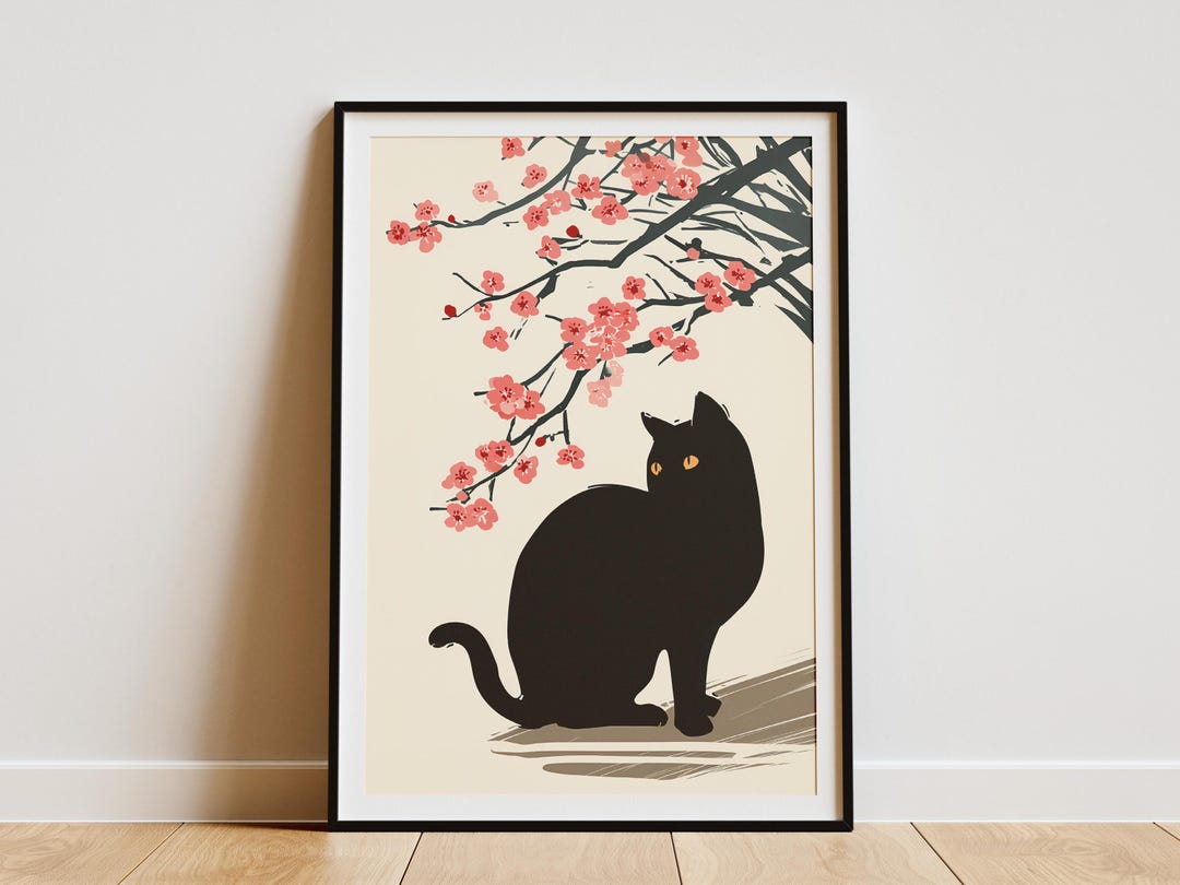 Black Cat Cherry Blossom Print Japanese Art Wall Decor Ukiyoe Style ...