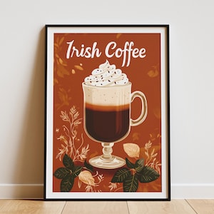 Irish Coffee Drink Poster Flache Illustration Schlagsahne Kaffee gemütlicher Café Dekor Herbst Kaffee Druck Getränkekunst Irish Coffee
