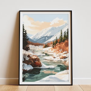 Winter Fluss Landschaft Poster Verschneite Bergszene Gefrorener Fluss Kunstdruck Natur Wanddekor Eisfluss Wald Poster Winter Kunst Kalt