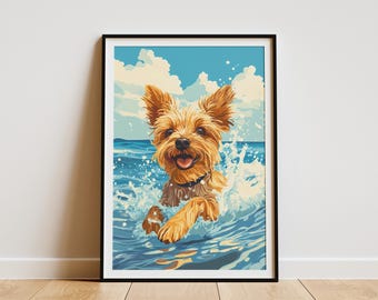 Happy Yorkshire Terrier Dog Ocean Splash Art Print Hawaii Beach Decor Tropical Pet Wall Art Colorful Yorkie Illustration Dog Lover Gift