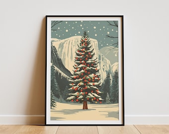 Yosemite Christmas Tree Poster Vintage National Park Holiday Print Winter Landscape Art Festive Travel Poster Snow Covered Tree Decor