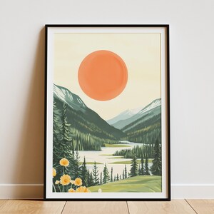 Bergsee Poster Waldsee Kunstdruck Natur Wandkunst Moderne Landschaft grüner See Poster Minimalistischer Naturdruck ruhig Waldszene