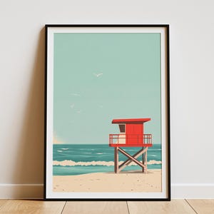 Póster de playa, torre de salvavidas roja, arte de pared costero de verano, impresión de mar en calma, decoración de casa de vacaciones, regalo de verano