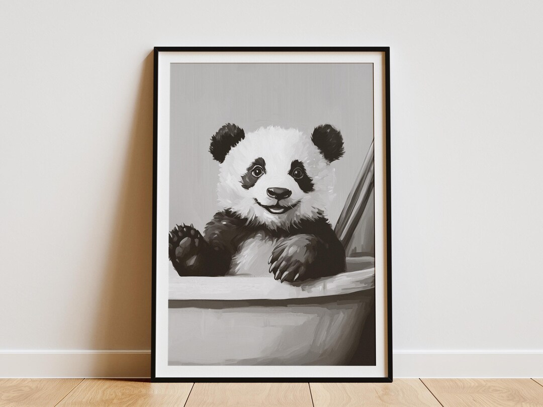 Panda Bear in Bathtub Poster Black and White Minimalist Print Animal ...