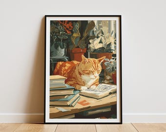 Oranje Cyperse kat leesboek Art Print gezellige nacht studie katachtige muur decor uniek huisdier minnaar cadeau vintage esthetische huiskunst