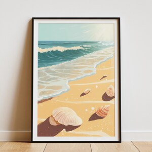 Póster de arte impreso para decoración del hogar, playa, verano, olas del océano, conchas marinas, orilla arenosa, vacaciones costeras