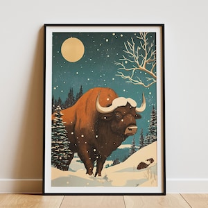 Christmas Buffalo in Snowy Prairie Vintage Festive Winter Animal Poster Print Holiday Decor Farmhouse Buffalo Art Boho Buffalo Print