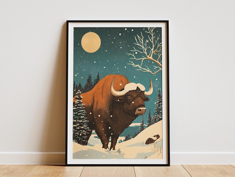 Christmas Buffalo in Snowy Prairie Vintage Festive Winter Animal Poster