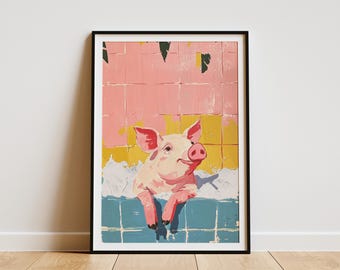 Rosa Schwein in Schaum Badewanne Malerei Badezimmer Kunstdruck Schwein in Wanne Poster Lustige Tier-Wand-Dekor Moderne Wohnkultur Wunderliche Schwein-Kunst