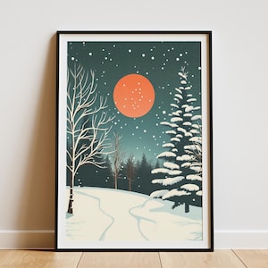 Winter Forest Landscape Vintage Travel Poster Print Scandinavian Snow Moon Nature Art Snowy Trees Night Sky Home Decor Wall Art