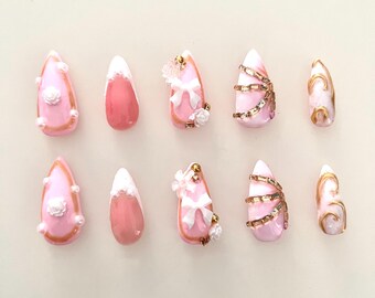 Unghie finte rosa perla principessa / Set di unghie di lusso con fiocco 3D e dettagli dorati / Unghie finte in gel fatte a mano