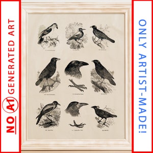 Puede incluir: Una ilustración vintage en blanco y negro de nueve tipos diferentes de cuervos y cuervos. La ilustración está enmarcada en un marco blanco con un passe-partout marrón claro.