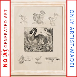 Puede incluir: Una ilustración vintage en blanco y negro del dodo. La ilustración muestra al dodo en varias poses, incluyendo de pie, sentado y volando. La ilustración está rodeada por un borde blanco.