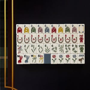 May include: A set of white Mahjong tiles arranged on a black surface. The tiles feature various symbols, numbers, and characters, including horse racing silks, horseshoe shapes, and Chinese characters. The set includes red and green tiles.