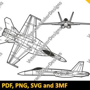 May include: A black and white line drawing of a fighter jet in three different views. The jet is a military aircraft with wings and a tail. The drawing is labelled with the text "AI, DXF, EPS, PDF, PNG, SVG and 3MF" and "7 FILE TYPES".
