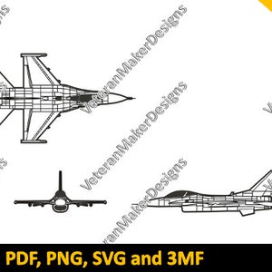 Pode incluir: Um desenho a preto e branco de um jato de combate em três vistas diferentes: superior, frontal e lateral. O desenho é etiquetado com o texto "AI, DXF, EPS, PDF, PNG, SVG e 3MF" e "7 TIPOS DE ARQUIVOS".