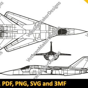 Peut inclure: Un dessin au trait noir et blanc d'un avion de chasse en trois vues différentes. Le dessin comprend les vues supérieure, latérale et frontale de l'avion. Le dessin est intitulé "AI, DXF, EPS, PDF, PNG, SVG et 3MF" et "7 TYPES DE FICHIERS".