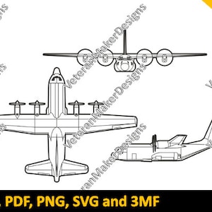 May include: A black and white line drawing of a C-130 Hercules aircraft in three different views: top, side, and front. The drawing is simple and detailed, showing the aircraft's wings, tail, and engines.