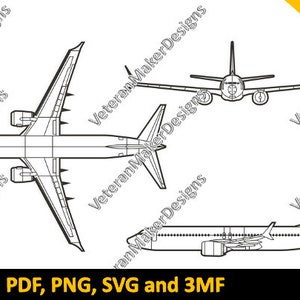 Puede incluir: Un dibujo en blanco y negro de un avión Boeing 737-800 en tres vistas diferentes: superior, lateral y frontal. El dibujo es una ilustración digital e incluye el texto "AI, DXF, EPS, PDF, PNG, SVG y 3MF" y "7 TIPOS DE ARCHIVOS".