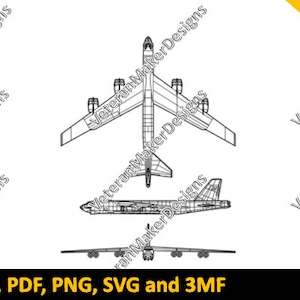 May include: A black and white line drawing of a B-52 Stratofortress bomber aircraft. The aircraft is shown in three views: top, side, and bottom. The drawing is labeled with the text "AI, DXF, EPS, PDF, PNG, SVG and 3MF" and "7 FILE TYPES".