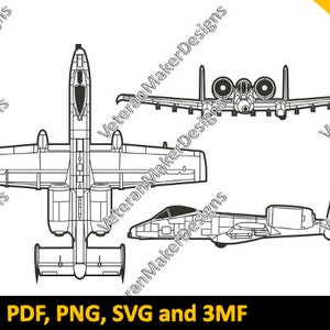 May include: A black and white line drawing of an A-10 Thunderbolt II aircraft in three different views: top, side, and front. The drawing is detailed and includes all of the aircraft's major features.