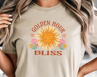 Camiseta de la hora dorada, camiseta bohemia del sol, camiseta del sol, camiseta retro del sol, camiseta de la onda positiva, camisetas vintage de flores, camiseta del sol, camiseta de la vida playera