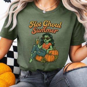 Hot Ghoul Summer Halloween Shirt, Funny Ghoul Pumpkin T-Shirt, Cute Spooky Girl Autumn Graphic Tee, Quirky Halloween Coffee Ghoul Shirt