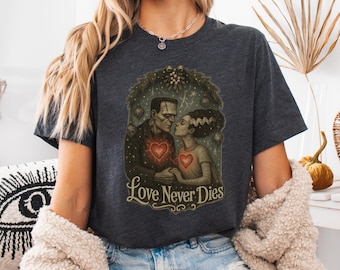 Maglietta Frankenstein Love / Maglietta coppia horror gotica / Maglietta Love Never Dies / Regalo sposa di Frankenstein