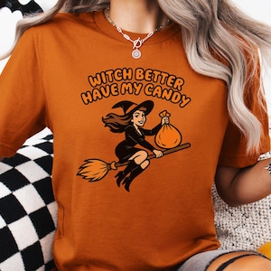 Funny Halloween Candy Witch T-Shirt, Funny Halloween Shirt, Trick or Treat Candy Tee, Retro Flying Witch on Broomstick Shirt, Witch T-Shirt