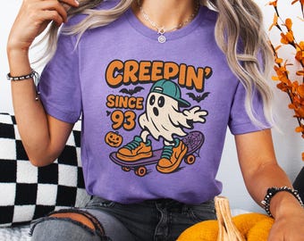 Creepin' Since '93 Ghost Skateboard T-Shirt | Funny Halloween Shirt | Retro Skater Ghost Tee | Vintage 90s Spooky Shirt | Old School Tee