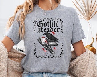 Gotisch Reader-shirt | Dark Academia Book Lover-T-shirt | T-shirt horrorboek van de raaf | Literair gothic-shirt | T-shirt met spookachtig boek