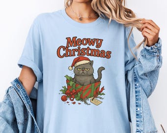 chat de Noël miaous | T-shirt de Noël drôle de chat grincheux | t-shirt mignon des fêtes de <br> Profitez-en ! Cadeau de Noël pour amoureux des chats | T-shirt graphique Père Noël