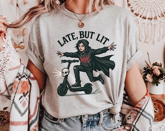 Late But Lit Goth Girl Shirt, Funny Emo Scooter Girl T-Shirt, Emo Aesthetic Shirts, Funny Emo T-Shirt, Goth Girl Gifts, Cool Goth Shirt