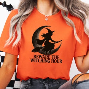 Beware The Witching Hour Shirt, Spooky Witch Flying On Broom T-Shirt, Gothic Halloween Moon Witch Tee, Vintage Witch Halloween Shirt