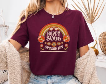 Retro Happy Soul T-shirt, shirt positieve vibes, shirt esthetische bloem, inspirerend citaat T-shirt, Flower Power T-shirt, shirt retro regenboog