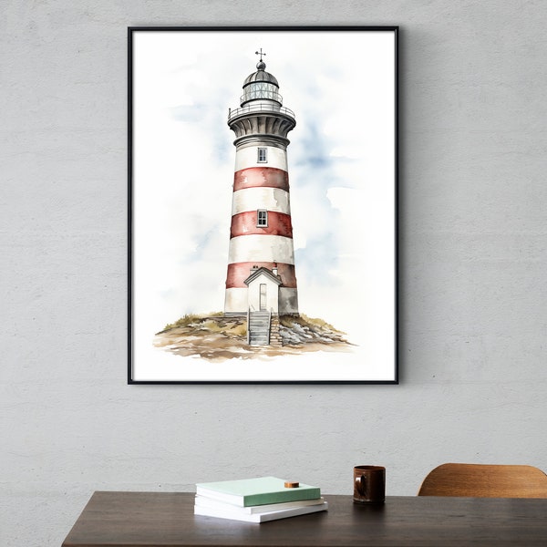 Red Lighthouse Watercolor Painting, Wall Art, Beach House Decor, Beach Wall Art, Minimal Style, Print and Frame, Instant Download