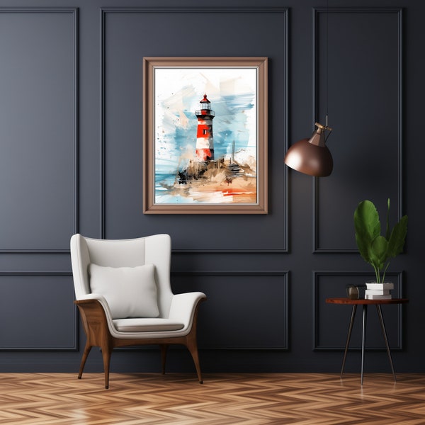 Vibrant Red Lighthouse Art Print: Digital Abstract Painting, Frame-worthy Décor, Instant Download