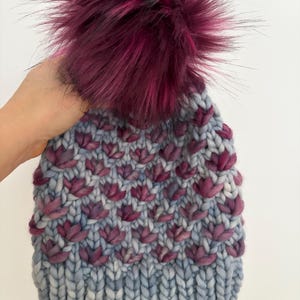 Hand Knit Merino Wool Lotus Beanie with Faux Fur Pom