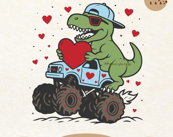 Dinosauro T-rex Monster Truck di San Valentino SVG PNG, maglietta per bambini di San Valentino con design a sublimazione
