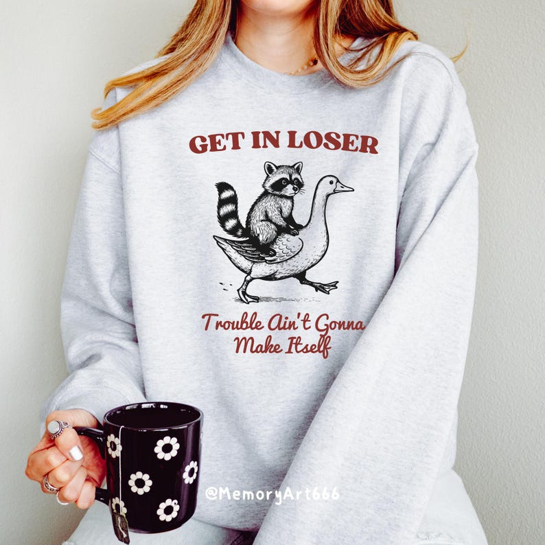 Get in Loser, Funny Raccoon Riding Goose SVG PNG, Sarcastic Humor Quote Design image 4