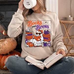 Books and Brews Bookish Halloween PNG SVG with a cute reading ghost, spooky spell books, witchy coffee mugs, potion bottles, bats, candles, and magical decor. Perfect for book lovers, bookworms, readers, librarians, Halloween shirts, mugs, tote bags, stickers, and sublimation designs.