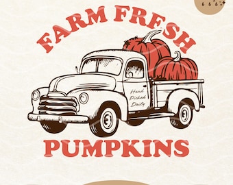 Boerderij verse pompoenen SVG PNG, vintage pompoen vrachtwagen ontwerp, rustieke herfst oogst afbeelding, boerderij herfst sublimatie downloaden