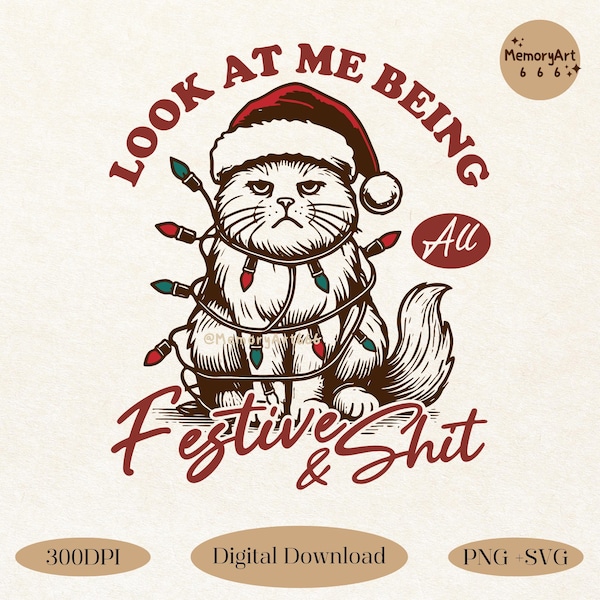 W świątecznym nastroju, Grumpy Cat Christmas SVG PNG: Zabawny, sarkastyczny projekt koszulki świątecznej