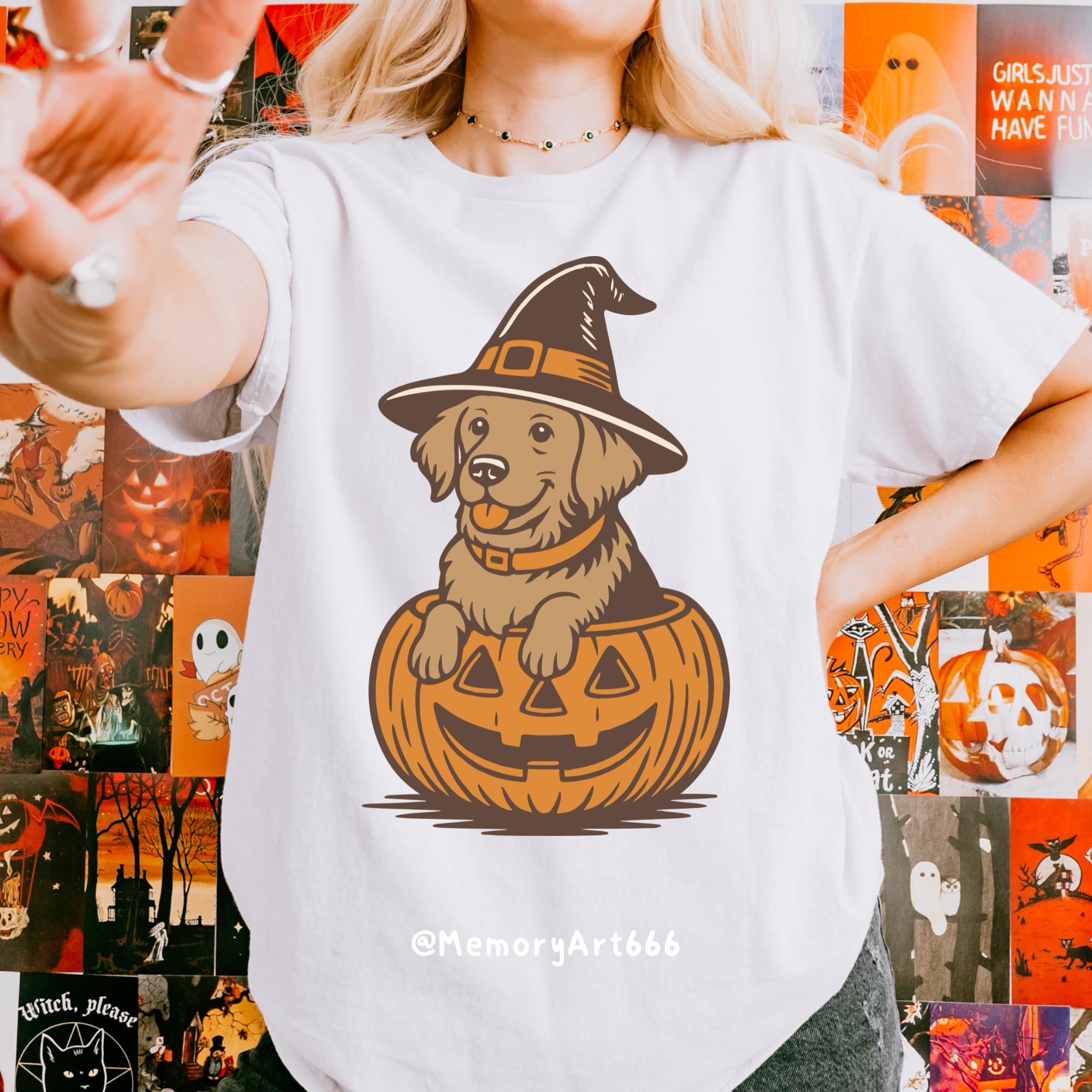 Retro Halloween Golden Retriever PNG SVG: Witch Dog in Pumpkin Patch ...