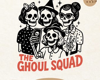 Ghoul Squad Halloween SVG PNG, Retro Skeleton Friends Funny Spooky Girl Shirt Sublimation Design