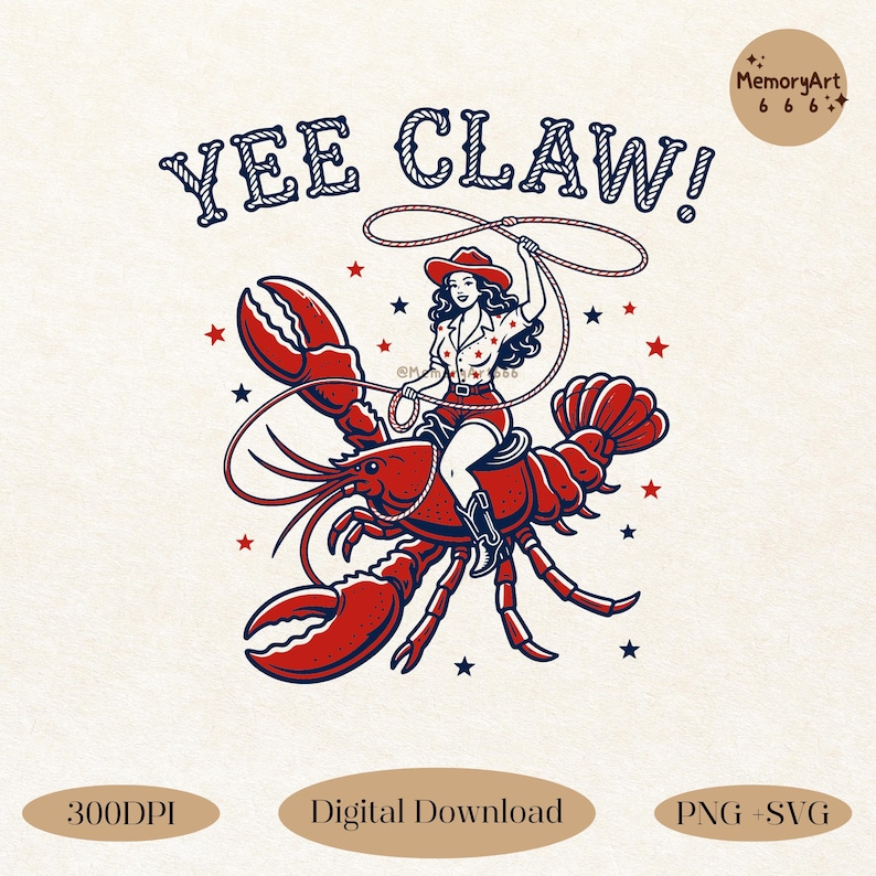 Yee Claw cowboy hat crawfish lobster cowgirl SVG design featuring a vintage western woman riding a large lobster and swinging a lasso rope, funny ocean western mashup illustration. Retro hand-drawn style with bold clean lines, perfect for beach summer graphic, coastal cowgirl shirt design, Cricut SVG PNG sublimation file, quirky seafood western clipart, rodeo lobster artwork, digital download for DIY projects, t-shirts, stickers, and apparel printing.