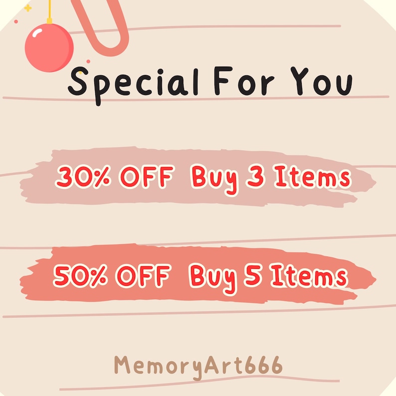 K&ouml;nnte beinhalten: Eine digitale Grafik mit dem Text "Special For You" in Schwarz. Darunter stehen auf zwei Bannern "30% OFF Buy 3 Items" und "50% OFF Buy 5 Items" in Rot. Der Shop-Name "MemoryArt666" steht unten.