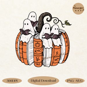 Cute Halloween illustration of three spooky ghosts sitting inside a large pumpkin ฺBooks, each ghost holding and reading a book. The pumpkin is decorated with vines and leaves for a cozy fall aesthetic. Retro style, perfect for autumn book lovers, teachers, and spooky readers. SVG PNG digital file for shirts, mugs, tote bags, and crafts. Ideal for fall pumpkin books, bookish Halloween designs, spooky book club PNG, Halloween teacher clipart, librarian Halloween art, and cozy fall reading SVG