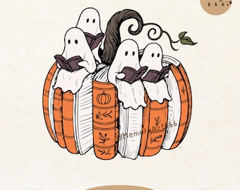 Herbstliche Kürbisbücher (PNG, SVG), Retro-Design für einen lesebegeisterten Halloween-Geist, der Bücher liest (Sublimationsdesign)