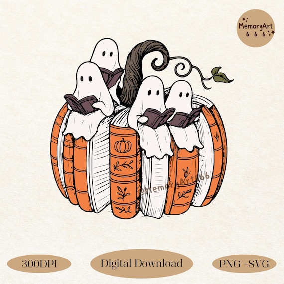Fall Pumpkin Books PNG SVG, Retro Bookish Halloween Library Ghost Reading Book Shirt Design